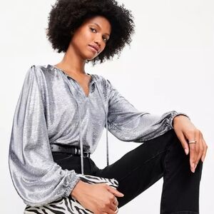 LOFT | Metallic Knit Tie Blouse Holiday Top